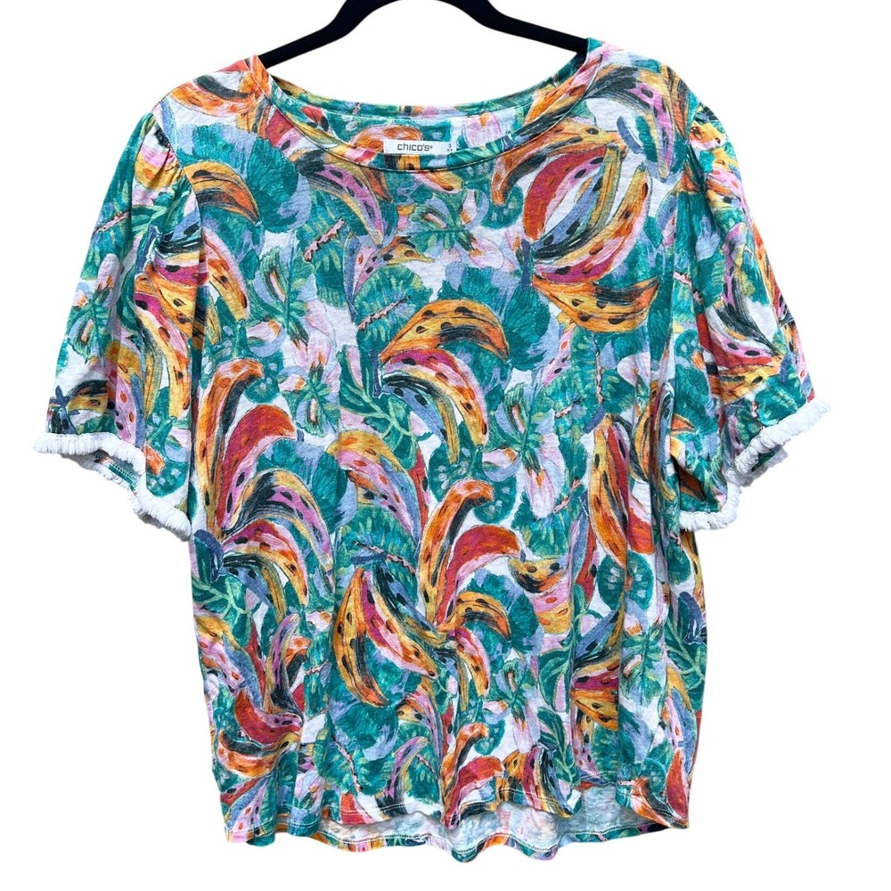 Chico's 100% Linen Tropical Banana Leaf Print Fringe Trim Top XL Size 3 XL Vacay